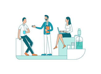 Colleagues on break flat color vector faceless characters. Company coworkers. Staff communication. Corporate occupation isolated cartoon illustration for web graphic design and animation