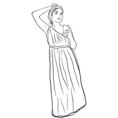 Outline sketch of girl in long dress make photo. Vector illustration