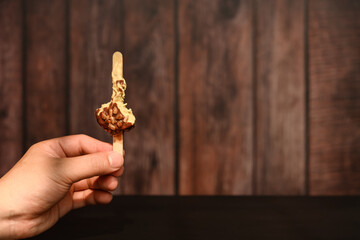 hand holding the last bit of a chocolate outer popsicle with melon seeds in a sunny morning