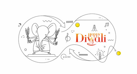 Diwali Hindu festival greeting card, Hand Drawn line art Vector illustration.