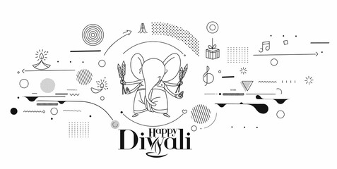 Diwali Hindu festival greeting card, Hand Drawn line art Vector illustration.
