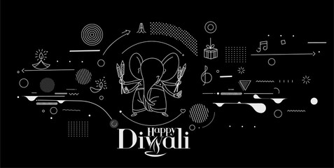 Diwali Hindu festival greeting card, Hand Drawn line art Vector illustration.