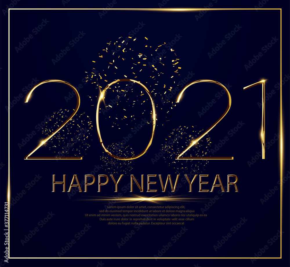 Aufkleber golden happy new year 2021 with an explosive sparkle on a black blue background. happy new year 2021