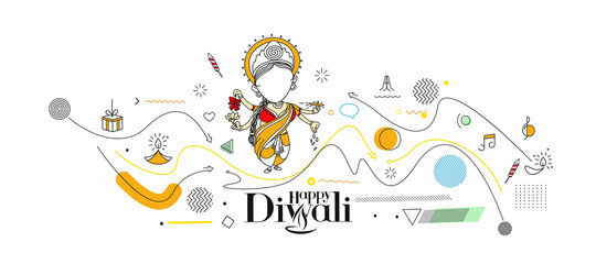 Diwali Hindu festival greeting card, Hand Drawn line art Vector illustration.