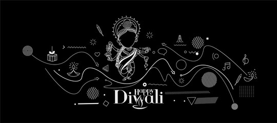 Diwali Hindu festival greeting card, Hand Drawn line art Vector illustration.
