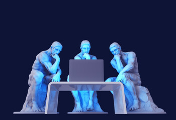 Three Thinkers Sitting In Front Of A Computer Screen - 377115146