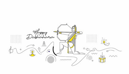 Lord Rama with arrow killing Ravana in Navratri festival of India poster with hindi text Dussehra, Line art Vector illustration.