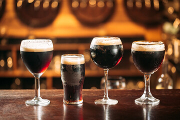 Side view on differend glasses with dark beer