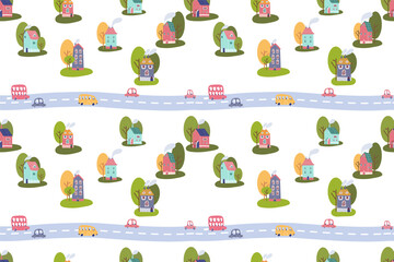 Vector seamless pattern with cars and houses.