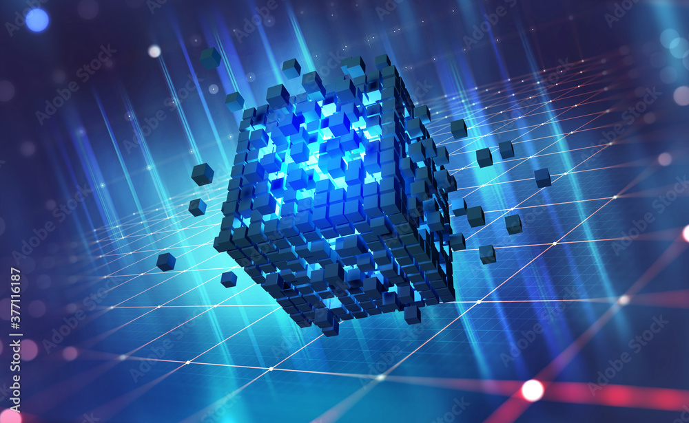 Aufkleber Blockchain technology. Information blocks form a decentralized global database structure. 3D illustration of nanotech cubes in cyberspace