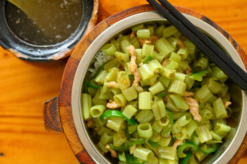 top view fast food of fried pork with water spinach or swamp cabbages with soup