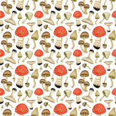 Seamless pattern with watercolor fly agaric mushroom, poisonous fungus. Amanita muscaria, toadstool. Hand drawn background for Halloween design, autumn print, wrapping paper, textile, scrapbooking
