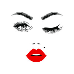 Beautiful woman face with red lips, eyebrows and lush eyelashes, black eyeliner, one open eye and other closed, sexy birthmark. Beauty Logo. Vector illustration.