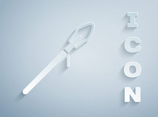 Paper cut Medieval spear icon isolated on grey background. Medieval weapon. Paper art style. Vector.