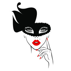 Beautiful woman face with red lips in black mask with floral motive, lush eyelashes, hand with red manicure nails. Beauty Logo. Nails studio art. Vector illustration. Party carnival mask. 