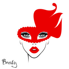 Beautiful woman face with red lips in red mask with floral motive, lush eyelashes. Beauty Logo. Vector illustration. Party carnival mask. 