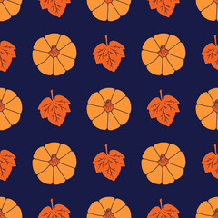 Colorful Pumpkins with leaves on a navy blue background. Seamless vector pattern. Cute autumn illustrations for holiday decorations, festive cards, banners, wrappings, prints, fabrics, modern textiles