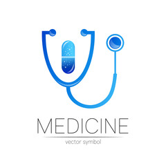 Stethoscope vector logotype in blue color. Medical symbol for doctor, clinic, hospital and diagnostic. Modern concept for logo or identity style. Sign of health. Isolated on white background. - 377117932