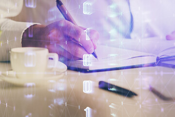 Human hands with tech theme double exposure drawings.