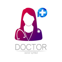 Female doctor and cross in blue circle vector logotype. Medicine identity and concept. Logo for clinic, medical, pharmacy, online chat, business, health care. Silhouette in violet gradient color