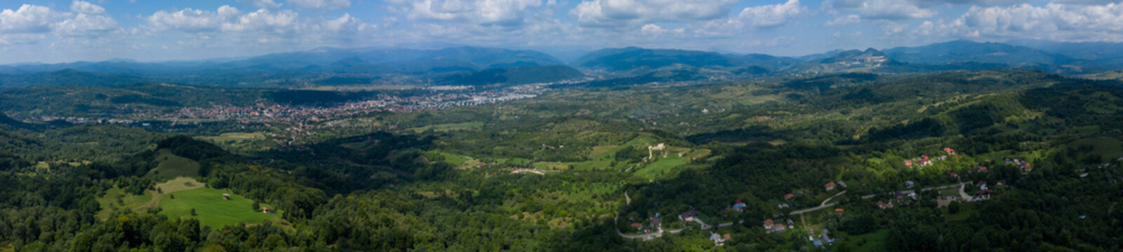 Panoramic view of the town of Campulung-Muscel and the surrounding villages, in the Arges county, Romania