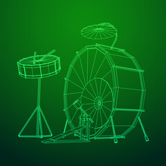 Musical instruments set. Rock band drum kit. Percussion musical instrument drums, stick and cymbal. Wireframe low poly mesh vector illustration.