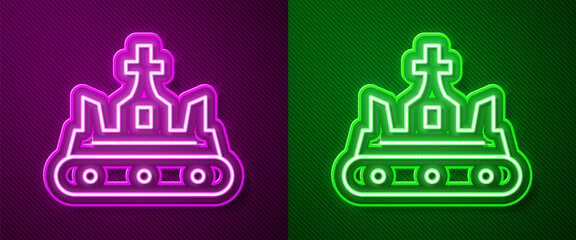 Glowing neon line British crown icon isolated on purple and green background. Vector.
