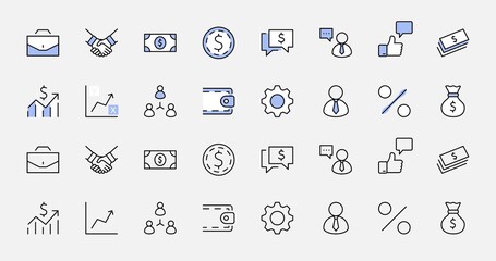 Set of Business vector line icons. It contains symbols of a handshake, a user, dollar pictograms, gears, a briefcase, a bag of money, a schedule and much more. Editable Stroke. 32x32 pixels.