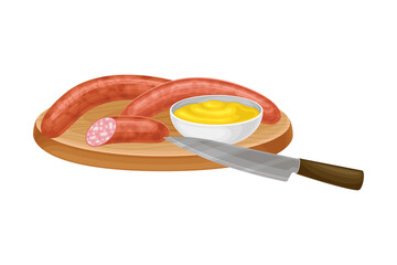 Wurst or Sausage Rested on Wooden Board with Sauce Vector Illustration
