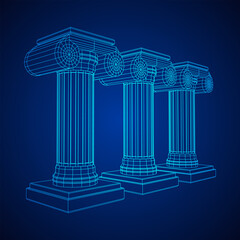 Greek ionic column. Ancient pillars roman antique architecture construction decoration. Wireframe low poly mesh vector illustration.