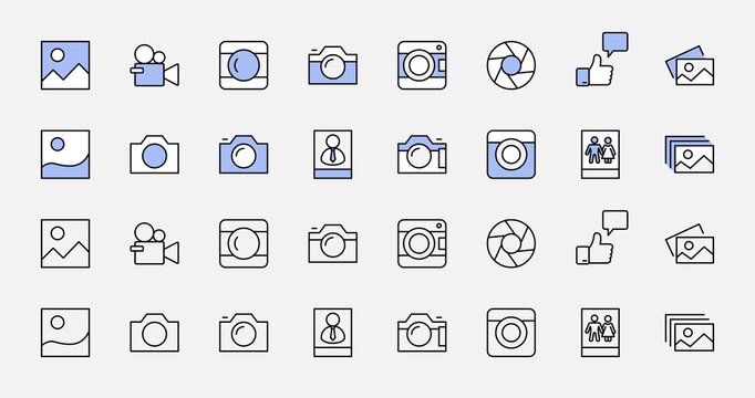 Set of Cameras and photo, vector line icons. Contains symbols of portraits and family photos and much more. Editable Stroke. 32x32 pixels