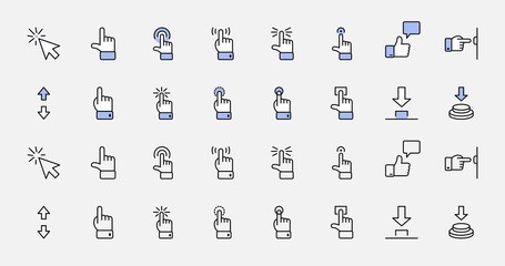 Click Set of Buttons related Vector Icons. Contains such Icons as Cursor, Mouse, Hand, Index Finger, Arrow and more. Editable Stroke. 32x32 Pixel Perfect