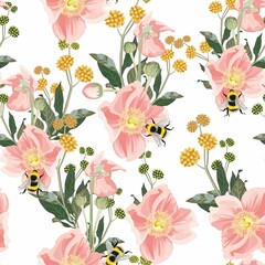 Floral vintage greeting seamless pattern with beautiful bouquet blossoming spring pink anemones. Illustration for print or background in watercolor style.