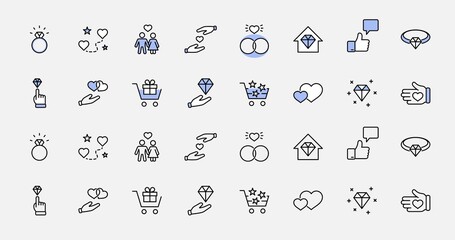 International Jeweler Day Set Line Vector Icons. Contains such Icons as Love, Heart, Hand, Family, Wedding Rings, Diamond, Jewelry store, Gift, Basket and more. Editable Stroke. 32x32 Pixel Perfect