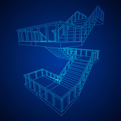 Wireframe stairs, interior staircases steps with railing. Wireframe low poly mesh vector illustration.