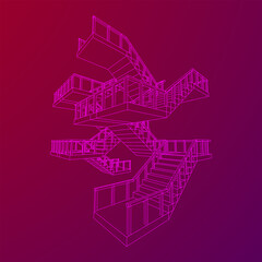 Wireframe stairs, interior staircases steps with railing. Wireframe low poly mesh vector illustration.