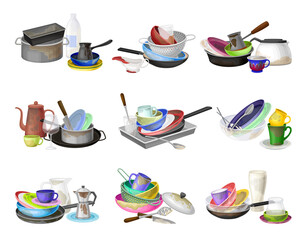 Piles of Dirty Dishes and Utensils with Plates and Cups Vector Set