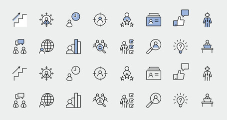 Set of Head Hunting Related Vector Line Icons. Contains such Icons as Career growth, Bulb, Candidate, Search, CV, Card Index, Outsource and more. Editable Stroke. 32x32 Pixel Perfect