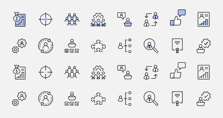 Set of People Management Related Vector Line Icons. Contains such Icons as Target, Puzzle, Certificate, Personal data processing, Task Manager, Qualification, Head Hunting and more. Editable Stroke