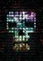 Pixel Skull,Computer virus,  background.
Illustration of Abstract Skull sign with destroyed binary codes. Web Hacking. Online piracy concept.