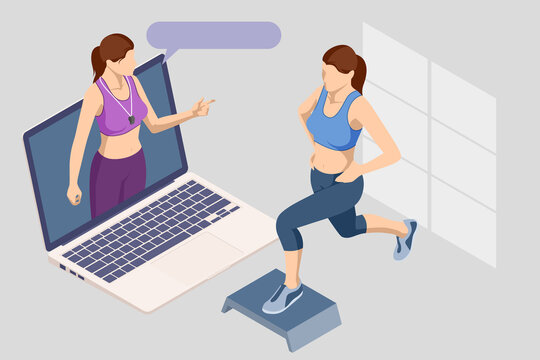 Isometric Woman doing fitness and yoga exercises. Online fitness and training concept.