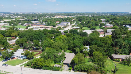 Fototapeta na wymiar Top view green residential area outside historic downtown Carrollton, Texas
