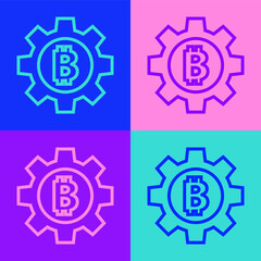 Pop art line Cryptocurrency coin Bitcoin icon isolated on color background. Gear and Bitcoin setting. Blockchain based secure crypto currency. Vector.