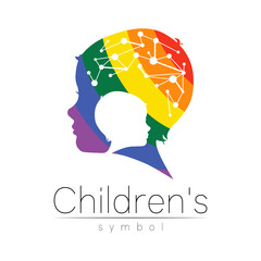 Child rainbow logotype in vector. Silhouette profile human head with brain. Concept logo for people, children, autism, kids, therapy, clinic, education. Template symbol modern design isolated on white