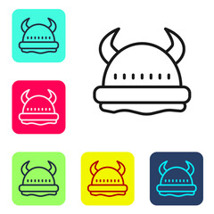 Black line Viking in horned helmet icon isolated on white background. Set icons in color square buttons. Vector.