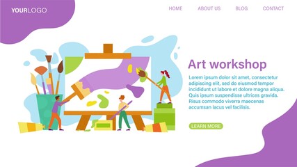 Art Workshop webpage template with two people painting a canvas on an easel and text copyspace, colored vector illustration
