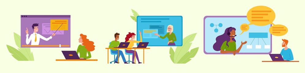 Education concept with teacher in the classroom and online e-learning or remote learning on computers or mobile devices, colored vector illustration
