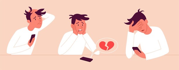 Set of three sad depressed young men, one stressed and upset, one with broken heart and one reading bad news on his mobile phone, colored vector illustration
