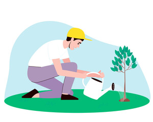 A male gardener waters a small tree from a watering can. Water pours from the watering can onto the seedling. Flat vector illustration. © Natali S