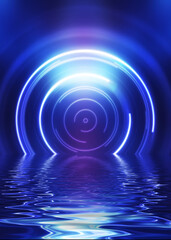 Abstract dark futuristic background. Neon light beams, circle laser shape are reflected from water. Background of empty stage show, beach party. 3d illustration